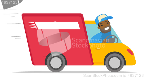 Image of African-american courier driving a delivery truck.