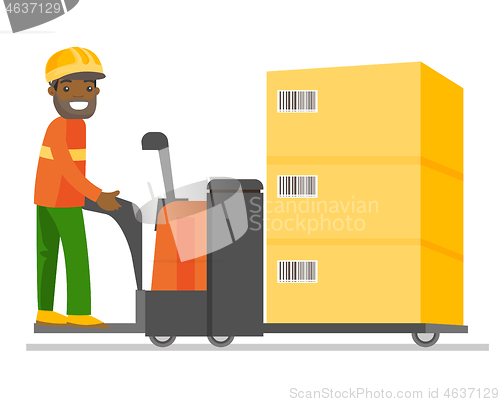 Image of Young african warehouse worker driving a forklift.