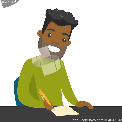 Image of Young african-american journalist writing notes.