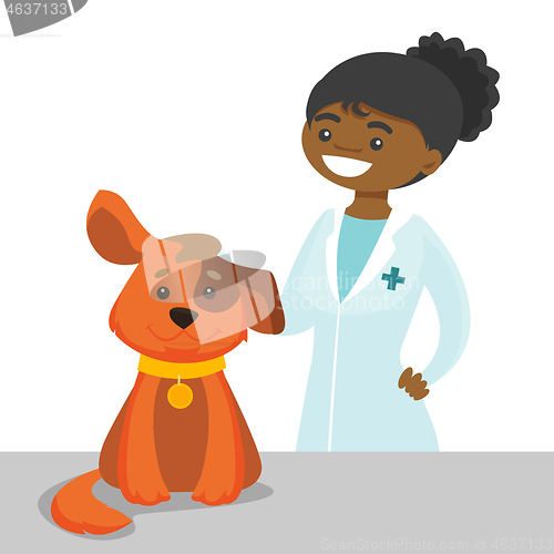 Image of African-american veterinarian doctor examining dog