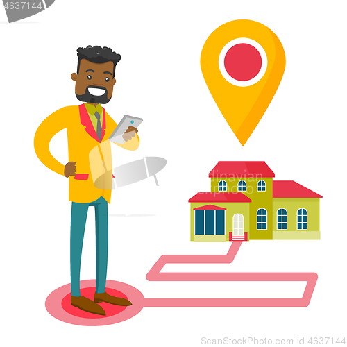 Image of Real estate agent and house with map pointer.