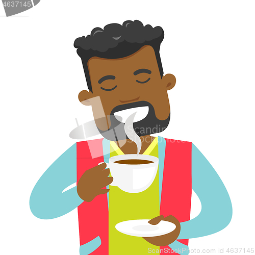 Image of Young african-american man enjoying cup of coffee.