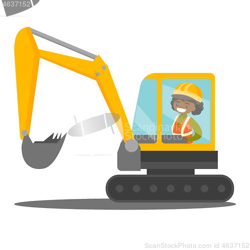 Image of Young african builder driving an excavator.