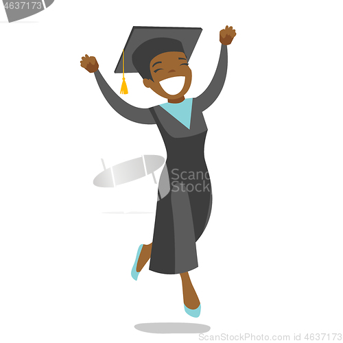 Image of Young cheerful african-american graduate jumping.