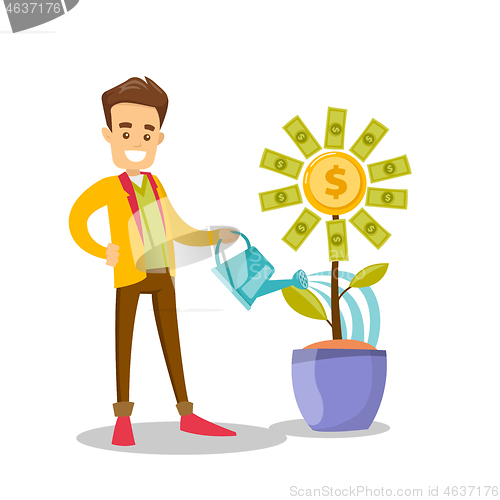 Image of Caucasian white businessman watering money flower