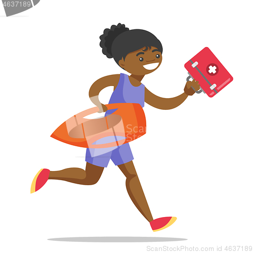 Image of African lifeguard running with first aid box.