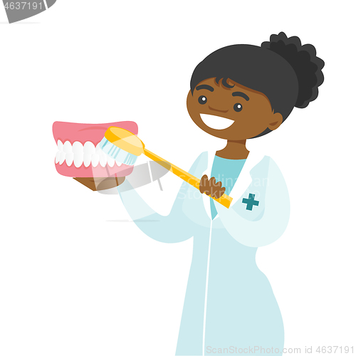 Image of Young dentist cleaning jaw model with toothbrush.
