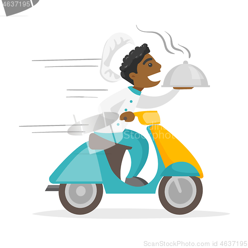 Image of African-american man delivering dish on scooter.