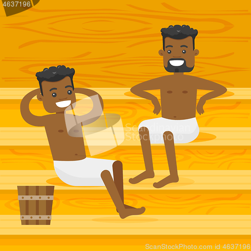 Image of Young african-american men relaxing in the sauna.