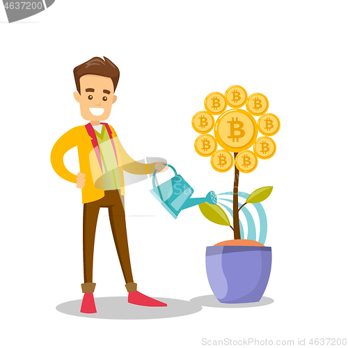 Image of Businessman watering flower with bitcoin symbol