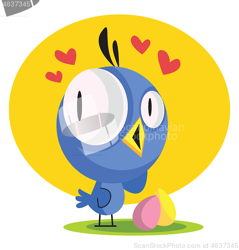 Image of Little blue bird looking at Easter eggs sharing love illustratio