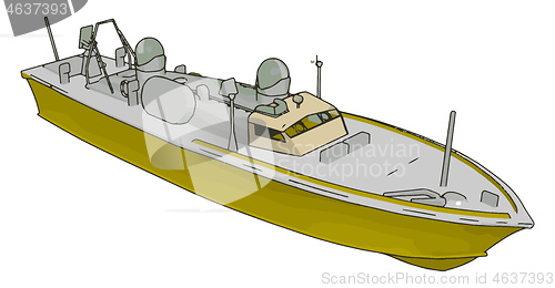 Image of Simple vector illustration of an yellow and grey navy ship white