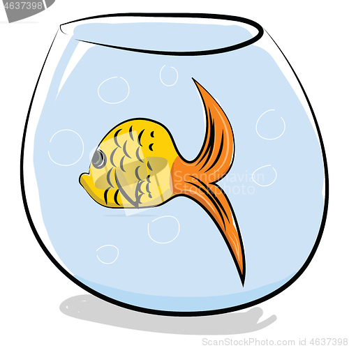 Image of A small round aquarium with a yellow fish swimming in it vector 