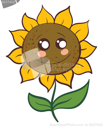 Image of Cute smiling sunflower with green leaves vector illustration on 