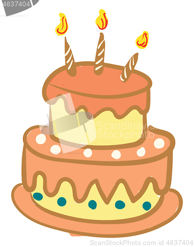 Image of Beautiful decorated birthday cake with glowing candles vector co