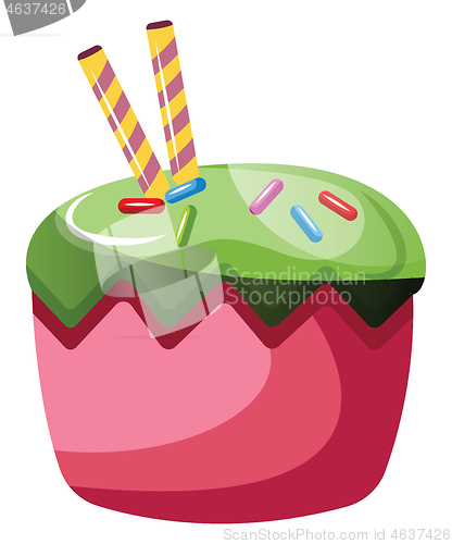 Image of Cupcake with green glaze and sprinklesillustration vector on whi