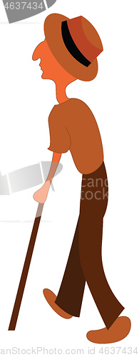 Image of An old man with a hat walks with the help of his walking stick v