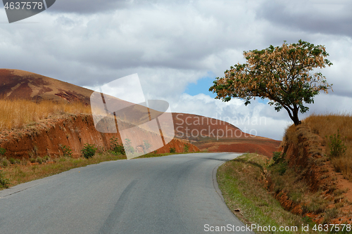 Image of Road through Madagascar highland countryside landscape.