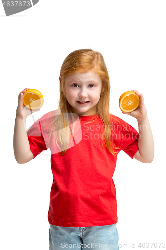 Image of Full length portrait of cute little kid in stylish jeans clothes with orange