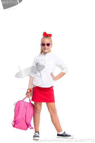 Image of Full length portrait of cute little kid in stylish sunglasses looking at camera and smiling