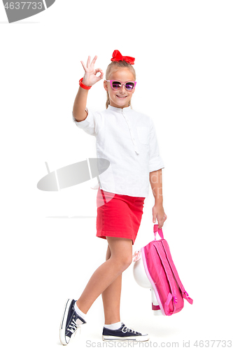 Image of Full length portrait of cute little kid in stylish sunglasses looking at camera and smiling