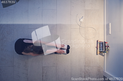 Image of girl online education ballet class at home top view