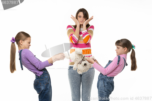 Image of Children can not share the soft toy, mom in shock