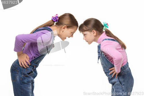 Image of Girl yells at younger sister during altercation on white background