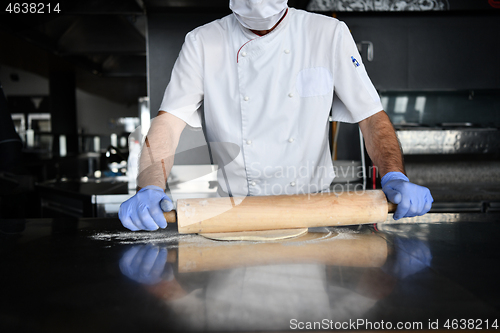 Image of chef  with protective coronavirus face mask preparing pizza