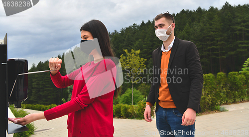 Image of hands disinfection in restaurant