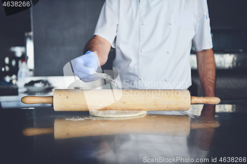 Image of chef  with protective coronavirus face mask preparing pizza