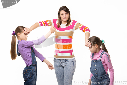 Image of Girl trying to separate the fighting children, isolated on white background