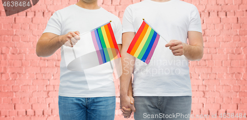 Image of male couple with gay pride flags holding hands