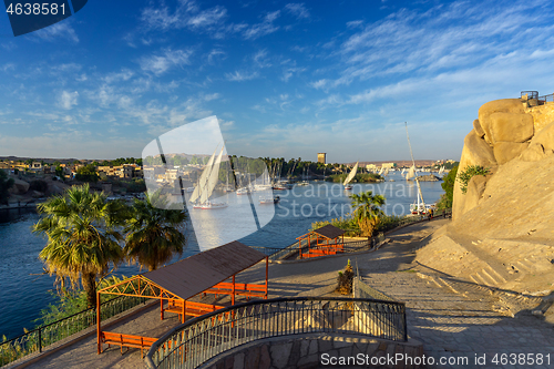 Image of felucca boats on Nile river in Aswan