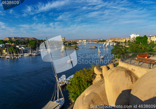 Image of felucca boats on Nile river in Aswan