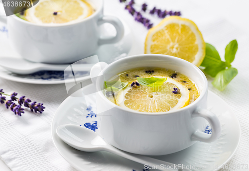 Image of Avgolemono - delicious Greek chicken egg and lemon soup