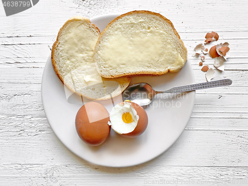 Image of boiled eggs and bread with butter