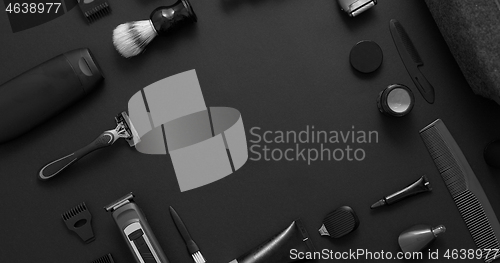 Image of Men beauty and health concept. Various shaving and bauty care accessories placed on black background