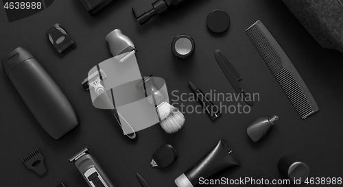 Image of Men beauty and health concept. Various shaving and bauty care accessories placed on black background