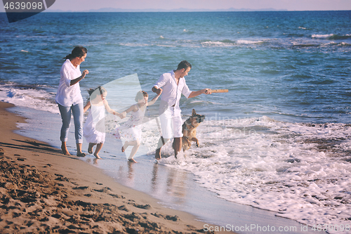 Image of happy family playing with dog on beach