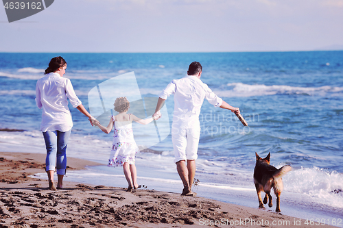 Image of happy family playing with dog on beach