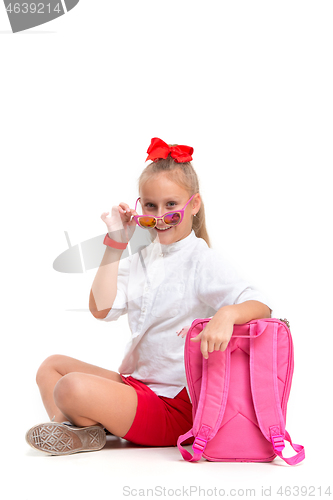 Image of Full length portrait of cute little kid in stylish sunglasses looking at camera and smiling