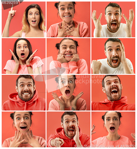 Image of Beautiful women and man looking suprised isolated on coral