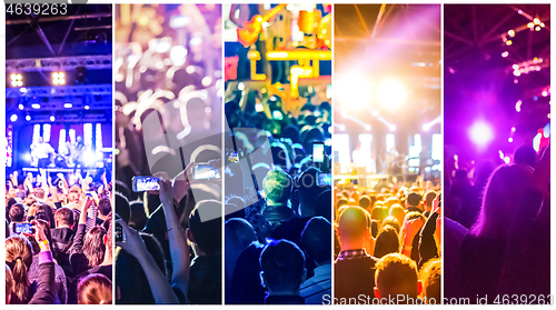 Image of Rock concert, silhouettes of happy people raising up hands