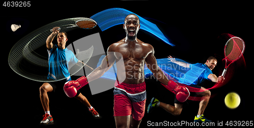 Image of Attack. Sport collage about badminton, tennis, boxing players