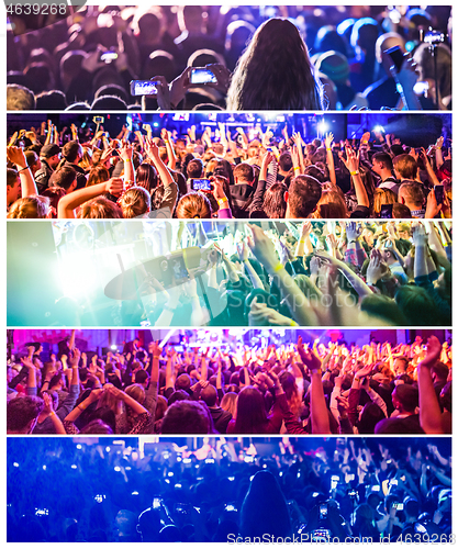 Image of Rock concert, silhouettes of happy people raising up hands