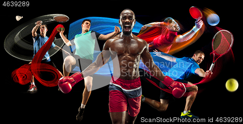 Image of Attack. Sport collage about badminton, tennis, boxing and handball players