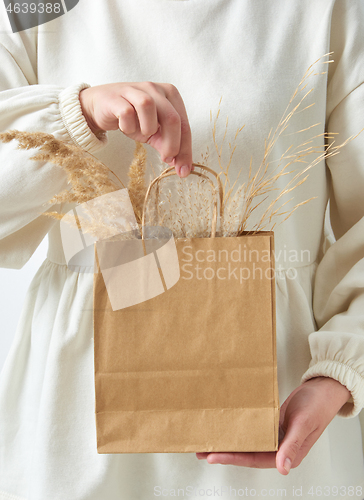 Image of Woman\'s hand holding paper eco bag with dry natural plant twig.