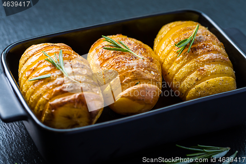 Image of Hasselback potatoes. Backed potatoes from Sweden with garlic and herbs