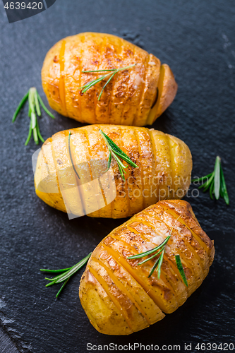 Image of Hasselback potatoes. Backed potatoes from Sweden with garlic and herbs